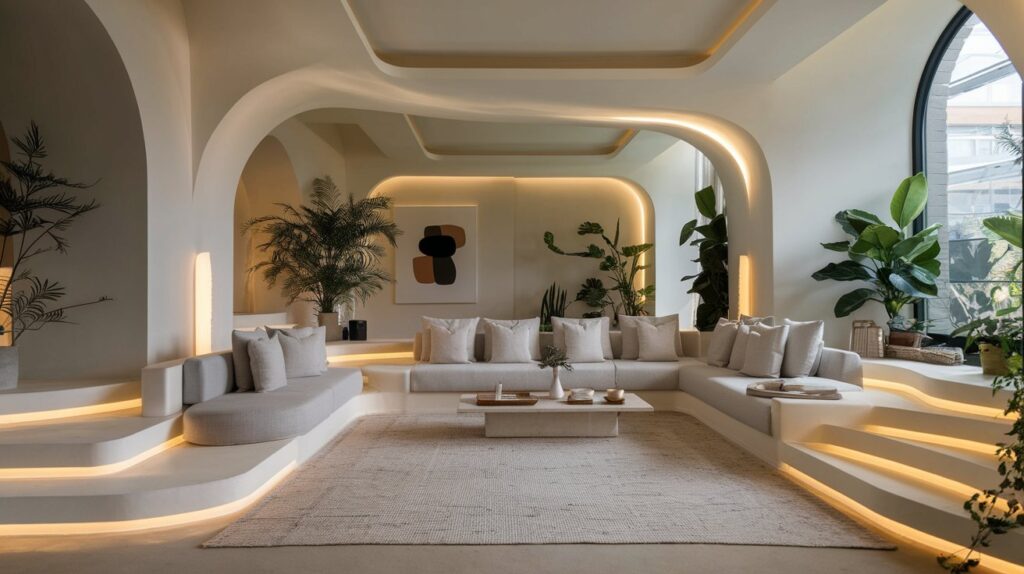 A cozy, modern living room interior design with a neutral color palette, featuring a sleek sectional sofa, a textured area rug, and layered lighting. The space is accented by indoor plants, abstract wall art, and a large window allowing natural light to flood the room. The design seamlessly blends functionality and aesthetics, showcasing the principles of balance, harmony, and comfort in interior design.