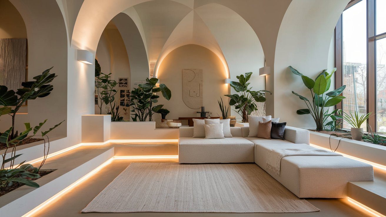 A photo of a cozy, modern living room interior design with a neutral color palette. There's a sleek sectional sofa, a textured area rug, and layered lighting. The space is accented by indoor plants, abstract wall art, and a large window allowing natural light to flood the room. The design seamlessly blends functionality and aesthetics, showcasing the principles of balance, harmony, and comfort in interior design.
