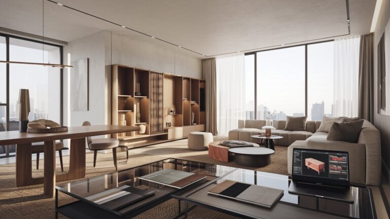 Luxury apartment interior design in Dhaka with wooden elements and city view