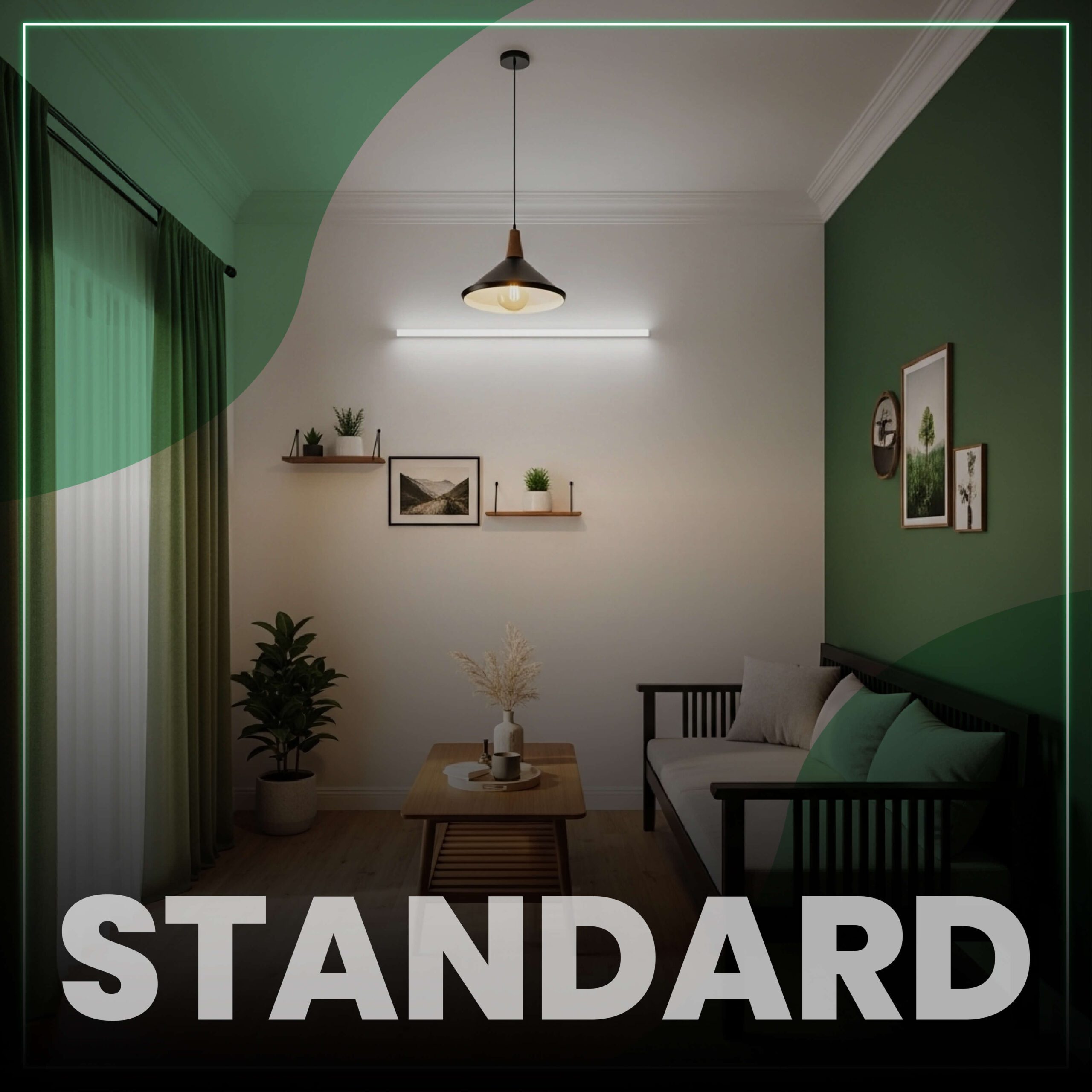 Pricing banner for 'Standard' interior design package by AG, priced at 1550 BDT per square foot. Includes 3D design and consultation (50 BDT per square foot), materials, and labor. Below the pricing details are example images of completed interior design projects, showcasing modern and functional living spaces with sleek furniture and elegant decor.