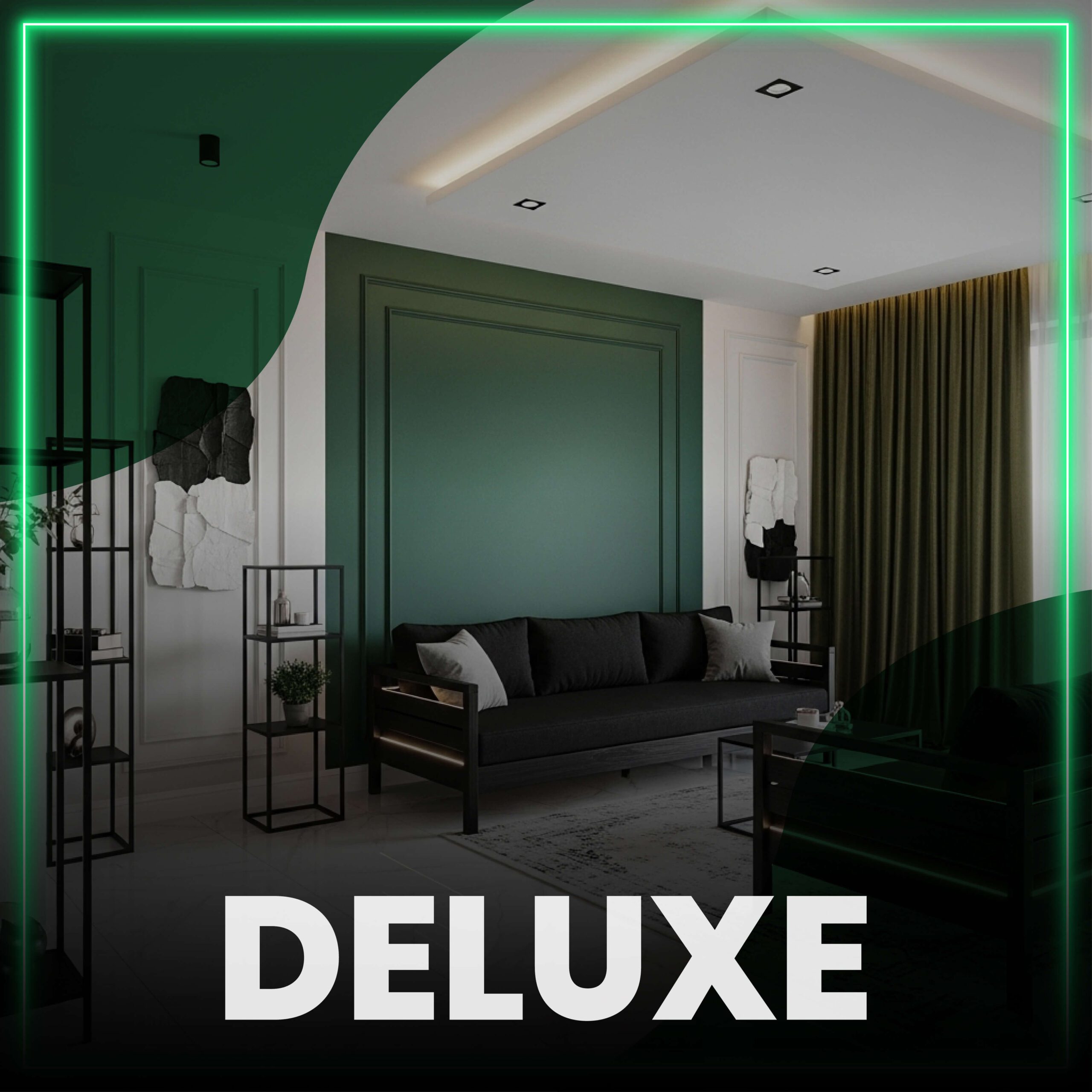 Pricing banner for 'Deluxe' interior design package by AG, priced at 1900 BDT per square foot. Includes 3D design and consultation (50 BDT per square foot), materials, and labor. Below the pricing details are example images of completed interior design projects, featuring luxurious kitchens, modern living spaces, and premium finishes.