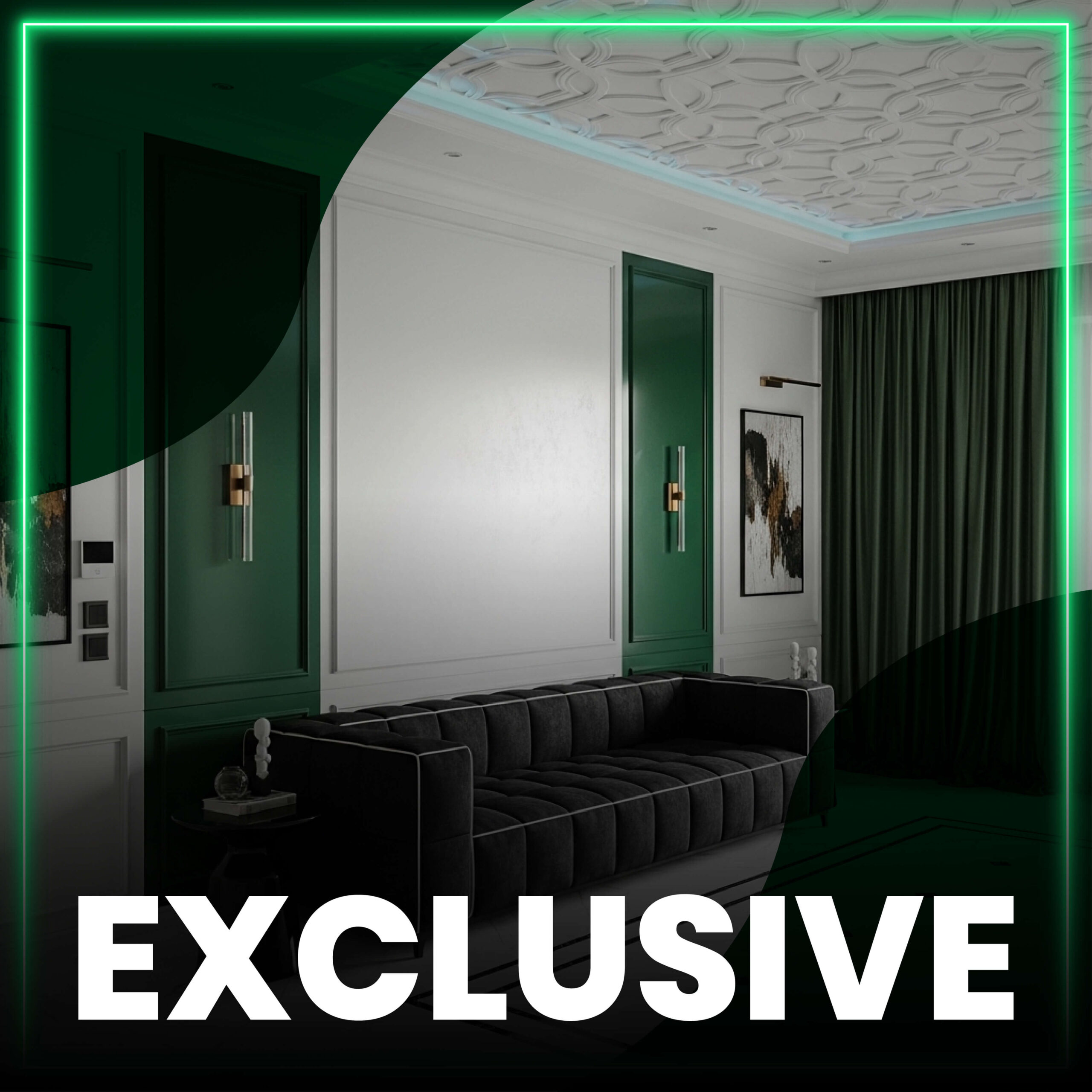 Pricing banner for 'exclusive' interior design package by AG, priced at 2300 BDT per square foot. Includes 3D design and consultation (150 BDT per square foot), materials, and labor. Below the pricing details are example images of completed projects showcasing elegant bedrooms, dining areas, and kitchens with luxurious and sophisticated designs.