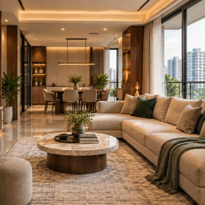 Warm contemporary living room connected to a dining area