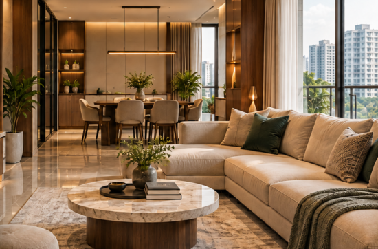 Warm contemporary living room connected to a dining area