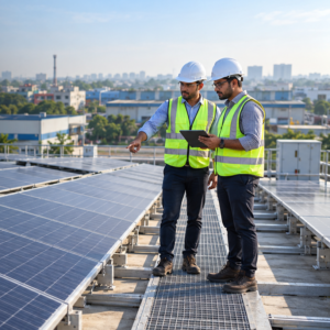 Engineers inspecting a rooftop solar-panel installation