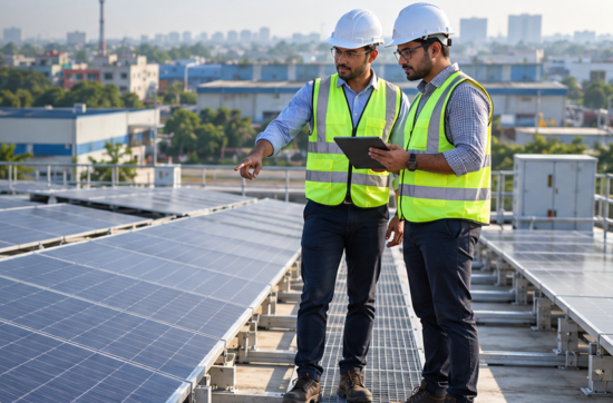Engineers inspecting a rooftop solar-panel installation
