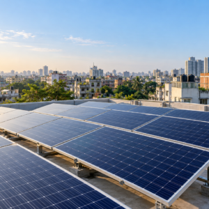 Rooftop solar panels overlooking a city skyline