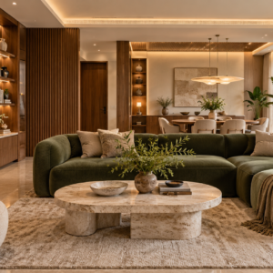 Living room with an olive sectional sofa and illuminated wood shelving