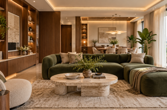Living room with an olive sectional sofa and illuminated wood shelving