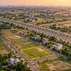 Aerial illustration of residential plots and a road layout