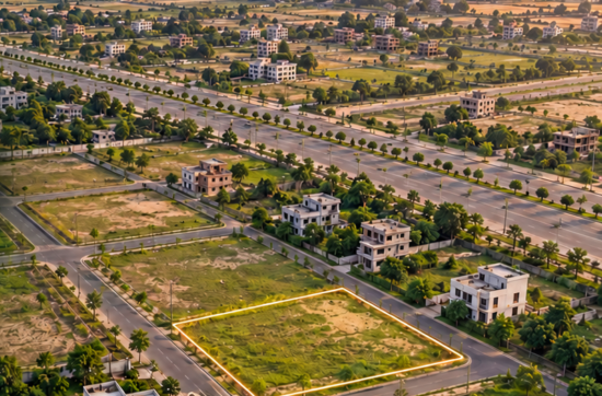 Aerial illustration of residential plots and a road layout