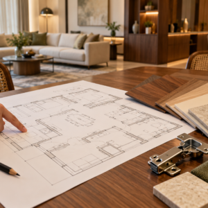 A hand reviewing an apartment floor plan beside interior material samples