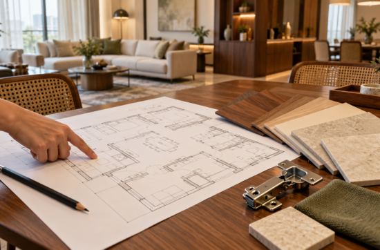 A hand reviewing an apartment floor plan beside interior material samples