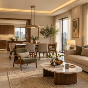 Sunlit living and dining room with a beige sofa and coordinated wood finishes