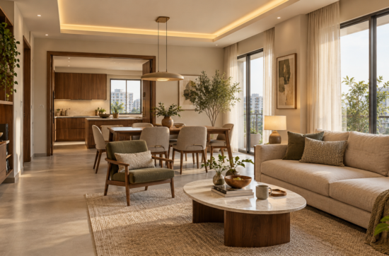 Sunlit living and dining room with a beige sofa and coordinated wood finishes