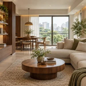 Warm minimalist living and dining room with a beige sofa, wood furniture and soft lighting