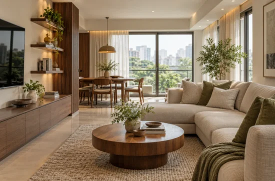 Warm minimalist living and dining room with a beige sofa, wood furniture and soft lighting