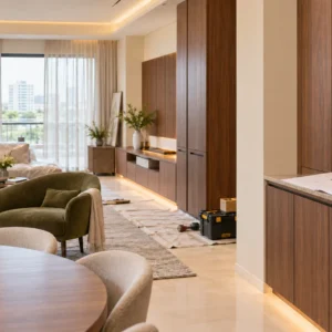 Contemporary apartment with walnut cabinetry, protected furniture, installation tools, and floor plans on a counter.