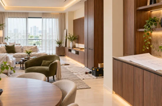 Contemporary apartment with walnut cabinetry, protected furniture, installation tools, and floor plans on a counter.