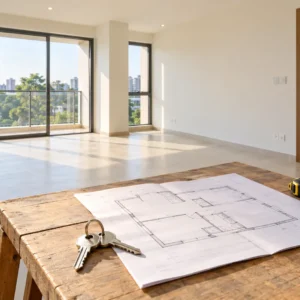 Keys, floor plans, a tape measure, and a spirit level in a bright unfurnished apartment.