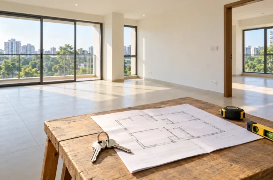 Keys, floor plans, a tape measure, and a spirit level in a bright unfurnished apartment.
