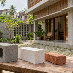 Concrete hollow block, pale aerated block and clay brick samples beside a shaded tropical courtyard