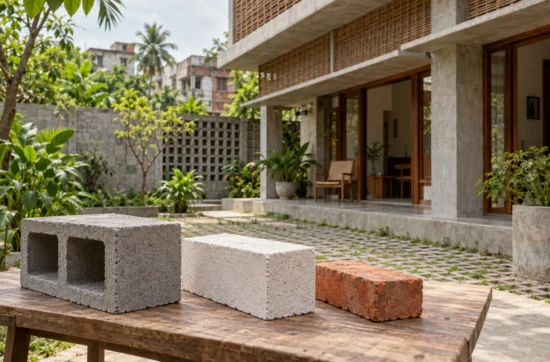 Concrete hollow block, pale aerated block and clay brick samples beside a shaded tropical courtyard